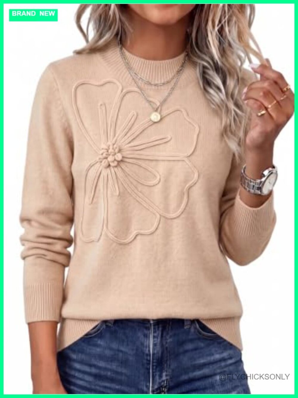 Dokotoo Womens Fall Sweater Crew Neck 3D Flower Knit Pullover